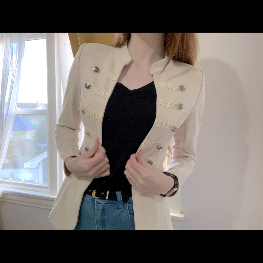 Voyelles Military Style VEGAN beige nude Suede Blazer jacket Size S double NWT